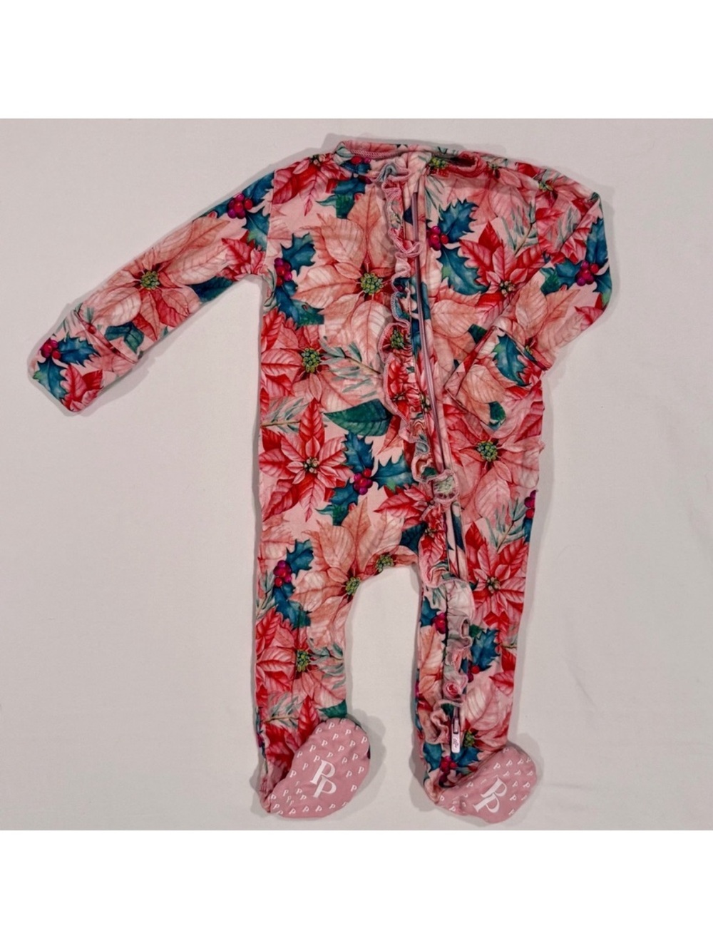Posh Peanut Footie Girls 0-3M Ruffled Zippered Christmas Bamboo Pink Poinsettias